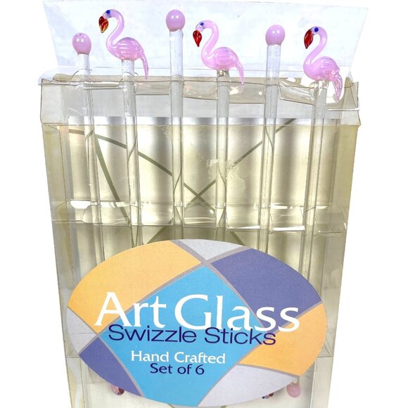 Handcrafted Art Glass Pink Flamingo Swizzle Sticks Cocktail Barware Set Of 6 - Picture 4 of 9